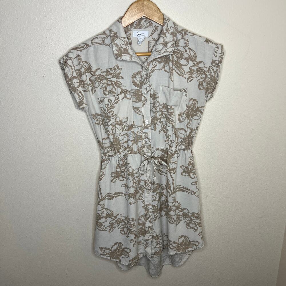 Japna Beige Floral Print Linen Short Sleeve Dress Small